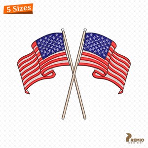 May include: Embroidered design of two crossed American flags. Each flag features red and white stripes and a blue field with white stars. The flags are on wooden poles. The text "5 Sizes" is in the upper left corner.