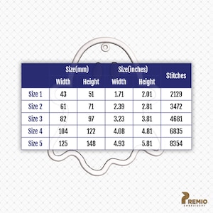 K&ouml;nnte beinhalten: Ein wei&szlig;es Geister-Stickmuster mit einer Gr&ouml;&szlig;entabelle mit f&uuml;nf Optionen. Die Tabelle listet Breiten und H&ouml;hen in Millimetern und Zoll auf, von 43x51 mm bis 125x148 mm, sowie die Stichanzahl, die von 2129 bis 8354 Stichen reicht.