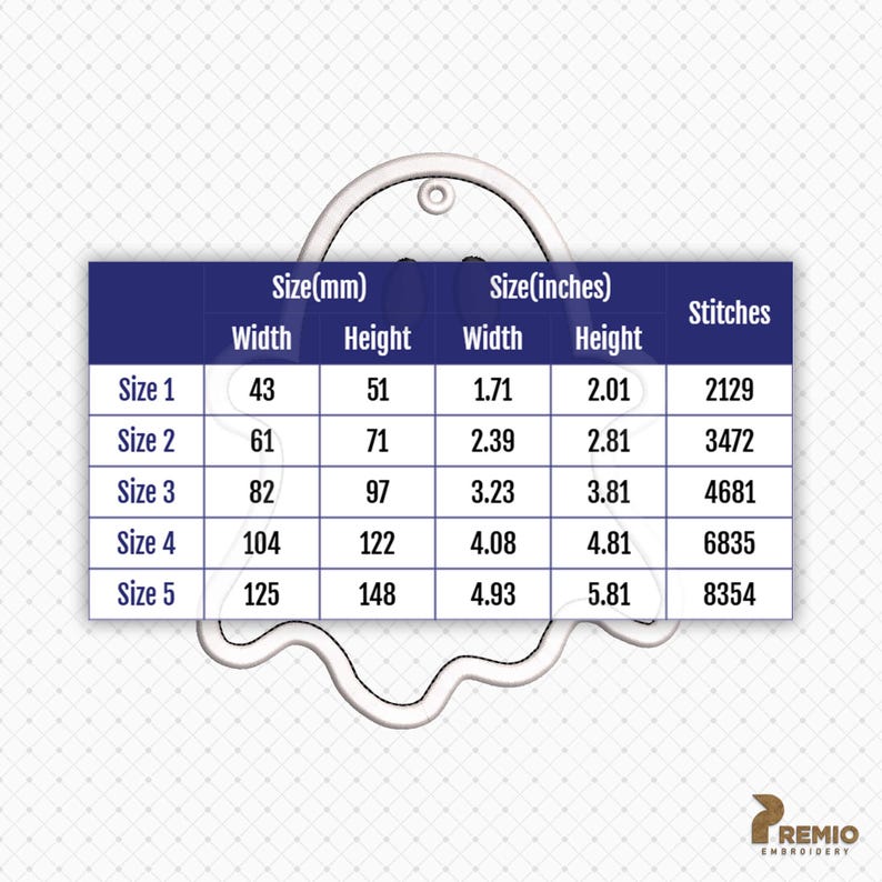 K&ouml;nnte beinhalten: Ein wei&szlig;es Geister-Stickmuster mit einer Gr&ouml;&szlig;entabelle mit f&uuml;nf Optionen. Die Tabelle listet Breiten und H&ouml;hen in Millimetern und Zoll auf, von 43x51 mm bis 125x148 mm, sowie die Stichanzahl, die von 2129 bis 8354 Stichen reicht.