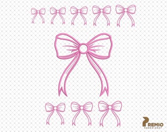Bow Applique Embroidery Files, Side Bow Ribbon Machine Embroidery Design, Pink Bow Girly Coquette Embroidery Design - 8 Instant Downloads