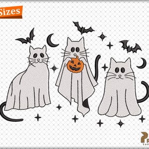 Cat Ghost Embroidery Design, Three Halloween Ghost Cat Embroidery Design, Halloween Cat Machine Embroidery Files, Ghost Kitten Emb Files