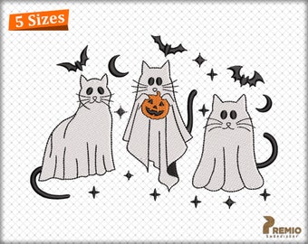 Diseño de bordado de gato fantasma, tres diseños de bordado de gato fantasma de Halloween, archivos de bordado a máquina de gato de Halloween, archivos de bordado de gatito fantasma