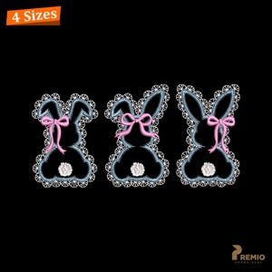 Bunny Applique Embroidery Design, Easter Embroidery Designs, Lace Bunny Trio Applique Coquette Bow Embroidery Design, Lace Peeps Applique