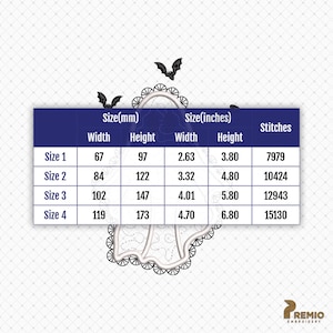 May include: A digital embroidery design chart featuring a ghost illustration with scalloped edges and three small bats. The table displays four sizes in millimeters and inches, ranging from 2.63 by 3.80 inches to 4.70 by 6.80 inches, with stitch counts.