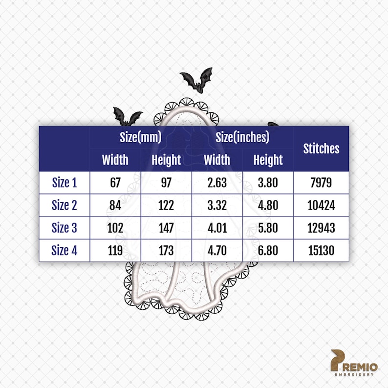 May include: A digital embroidery design chart featuring a ghost illustration with scalloped edges and three small bats. The table displays four sizes in millimeters and inches, ranging from 2.63 by 3.80 inches to 4.70 by 6.80 inches, with stitch counts.