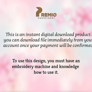 Puede incluir: Texto sobre un fondo rosa que dice: "Este es un producto de descarga digital instant&aacute;nea. Puedes descargar el archivo inmediatamente desde tu cuenta una vez que tu pago se confirme. Para usar este dise&ntilde;o, debes tener una m&aacute;quina de bordado y conocimiento de c&oacute;mo usarla."