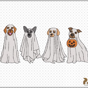 以下が含まれることがあります： ハロウィンのために幽霊に扮した犬が4匹います。1匹の犬がジャック・オー・ランタンを持っています。