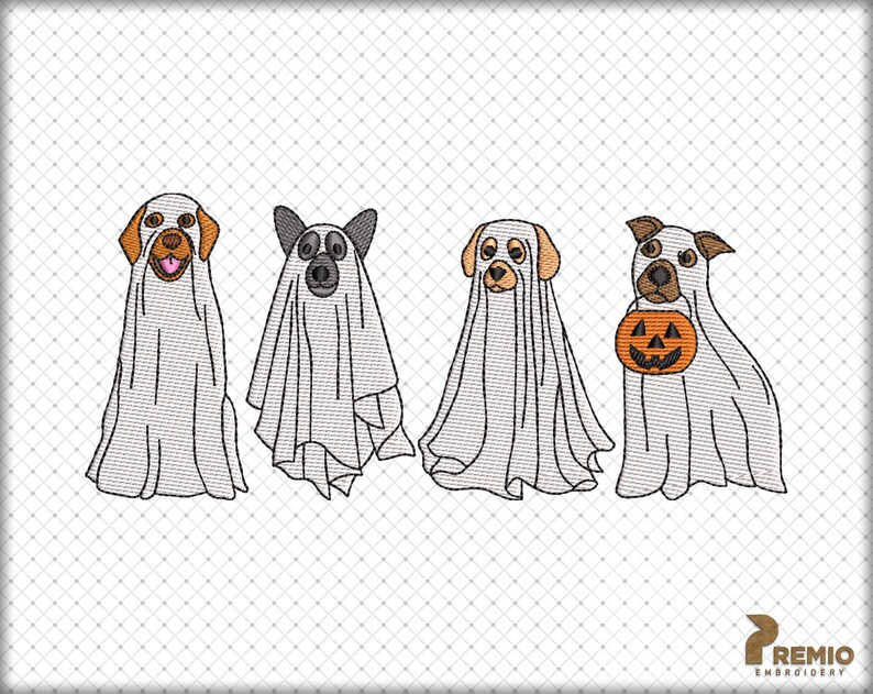 以下が含まれることがあります： ハロウィンのために幽霊に扮した犬が4匹います。1匹の犬がジャック・オー・ランタンを持っています。
