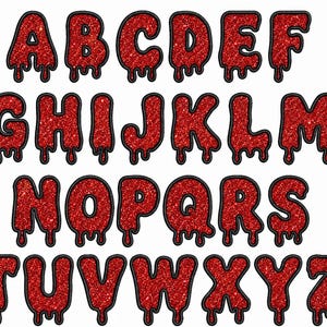 May include: A complete alphabet from A to Z featuring uppercase letters in a red glitter texture with a black outline. Each letter has a distinct dripping effect at the bottom, creating a liquid-like appearance across all twenty-six characters.