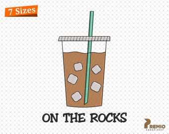 Iced Coffee Embroidery Design, On the Rocks Embroidery Design, Coffee Digital Machine Embroidery Files, 7 sizes, Instant Downloads