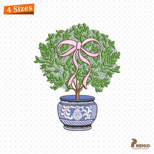 Blue Chinoiserie Topiary Embroidery Design, Pot Topiary Coquette Bow Embroidery Designs, Preppy Easter Machine Embroidery Designs, Spring