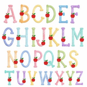 May include: A complete set of English alphabet letters from A to Z, rendered in a soft, textured pastel color palette. Each individual letter is decorated with a small, bright red apple illustration featuring a green leaf, arranged in four rows.