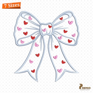 May include: A white embroidered bow design with red and pink hearts. The bow has a delicate, lacy appearance and is decorated with small heart shapes. The text "7 Sizes" is in the upper left corner.