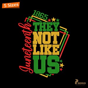 May include: Black background with a Juneteenth design. The design includes the words "Juneteenth" in red script, and "THEY NOT LIKE US" in green and gold block letters. The number "1865" is in green and yellow, with stars and geometric shapes.