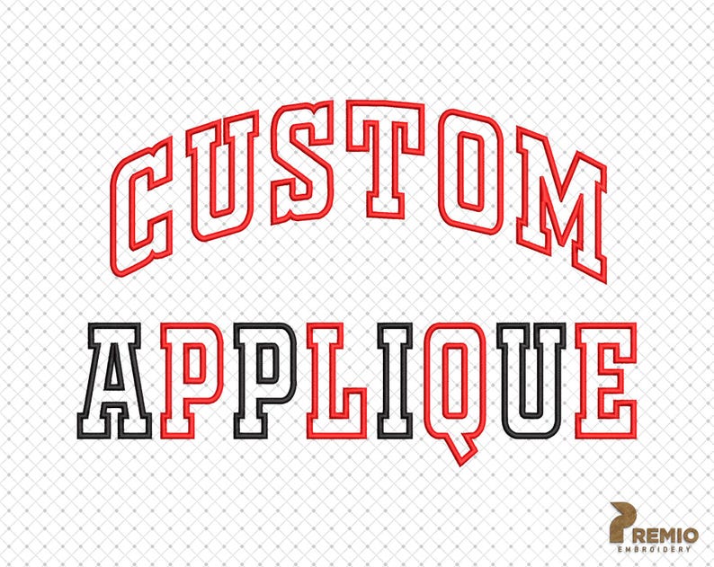 Puede incluir: Dise&ntilde;o de bordado de aplique rojo y negro con el texto "CUSTOM APPLIQUE" en una fuente de estilo universitario.