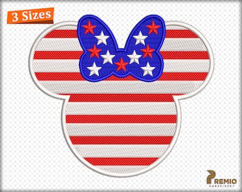 Puede incluir: Diseño de cabeza de Mickey Mouse rojo, blanco y azul con un lazo con estrellas. El diseño es perfecto para manualidades y proyectos patrióticos.