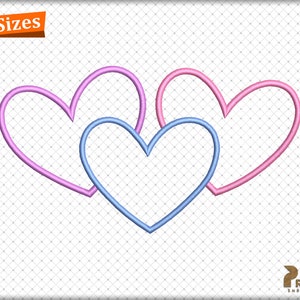 May include: Three overlapping hearts in pink, light pink, and blue. The hearts are outlined in a darker shade of their respective colors.