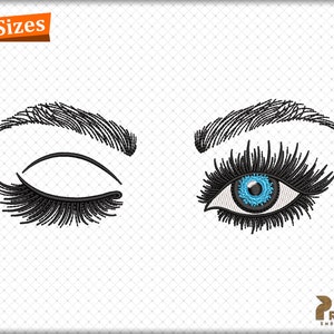 May include: A digital embroidery design of a closed eye with eyelashes and an open eye with eyelashes and a blue iris. The design is ideal for creating personalised projects.