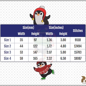 May include: A chart showing the size and stitch count for an embroidery design of a penguin wearing a red hat and scarf. The chart shows the size in millimeters and inches, as well as the width and height of the design. The chart also shows the number of stitches required for each size.