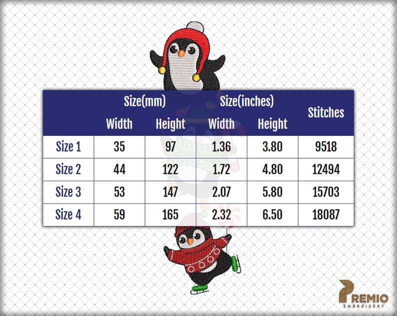May include: A chart showing the size and stitch count for an embroidery design of a penguin wearing a red hat and scarf. The chart shows the size in millimeters and inches, as well as the width and height of the design. The chart also shows the number of stitches required for each size.