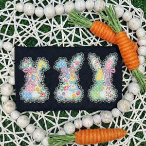 Lace Bunny Trio Applique Embroidery Design, Lace Applique Coquette Bow Peeps Embroidery Design, Easter Lace Stitch Applique Machine Files
