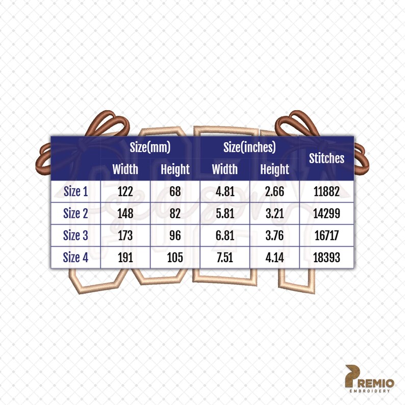 May include: An embroidery design image with size and stitch count details. The design dimensions are provided in both inches and millimeters, with four size options. The image includes the text "Size(mm)", "Size(inches)", and "Stitches".