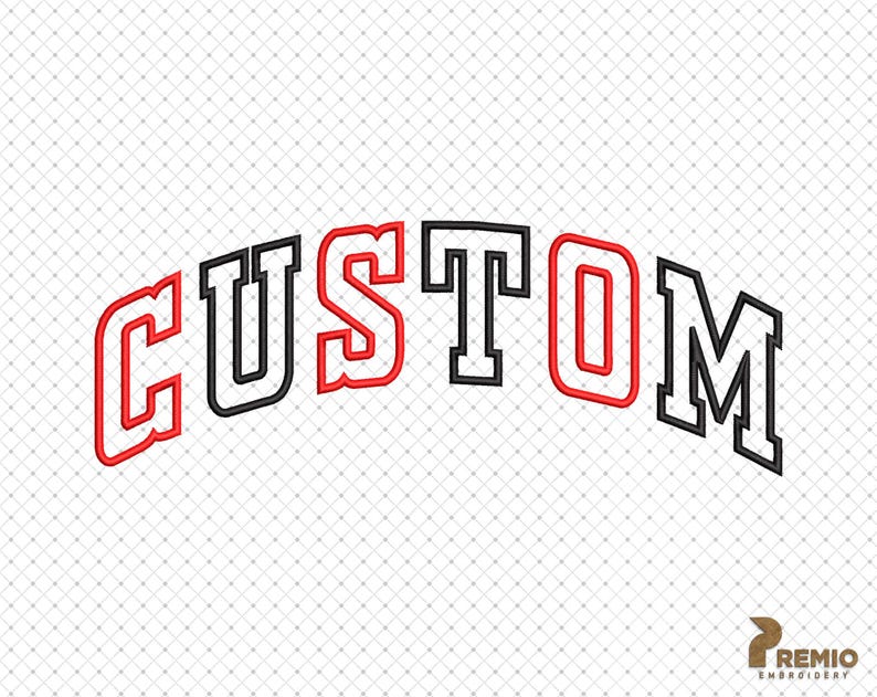 Puede incluir: Un gr&aacute;fico de texto "CUSTOM" en rojo y negro con una fuente de estilo universitario. El texto est&aacute; contorneado en negro y relleno de rojo.