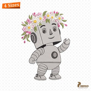 Floral Robot Embroidery Design, Spring Embroidery Design, Cute Robot Embroidery Design, Cartoon Robot Kids Sci-Fi Machine Embroidery Files