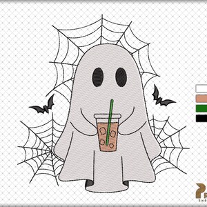 May include: An embroidery design featuring a white ghost with black oval eyes holding a clear plastic cup filled with a tan iced beverage and a green straw. The ghost is surrounded by black spider webs and two small black bats on each side.