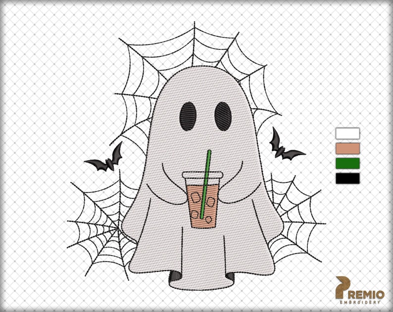 May include: An embroidery design featuring a white ghost with black oval eyes holding a clear plastic cup filled with a tan iced beverage and a green straw. The ghost is surrounded by black spider webs and two small black bats on each side.