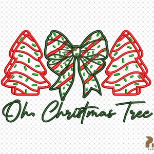 May include: Red and green striped Christmas trees with a red and green striped bow in the center. The text "Oh Christmas Tree" is below the trees.