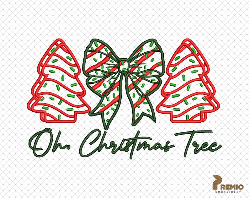 May include: Red and green striped Christmas trees with a red and green striped bow in the center. The text "Oh Christmas Tree" is below the trees.