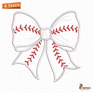 May include: White baseball-themed bow with red stitching. The bow is designed for embroidery.