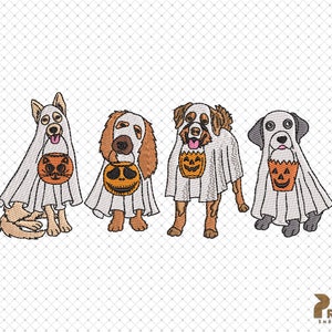 Puede incluir: Cuatro perros disfrazados de fantasmas para Halloween, cada uno con una bolsa de golosinas con forma de calabaza. Los perros son un pastor alem&aacute;n, un golden retriever, un cocker spaniel y un labrador.