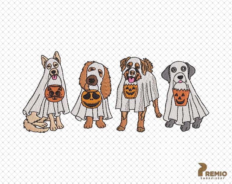 Puede incluir: Cuatro perros disfrazados de fantasmas para Halloween, cada uno con una bolsa de golosinas con forma de calabaza. Los perros son un pastor alem&aacute;n, un golden retriever, un cocker spaniel y un labrador.