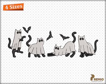 Whimsical Cat Ghost Embroidery Design, Four Halloween Ghost Cat Embroidery Design, Spooky Ghost Cat Embroidery Files, Halloween Cats Design