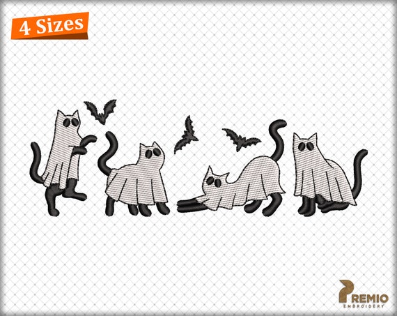Whimsical Cat Ghost Embroidery Design, Four Halloween Ghost Cat Embroidery Design, Spooky Ghost Cat Embroidery Files, Halloween Cats Designs