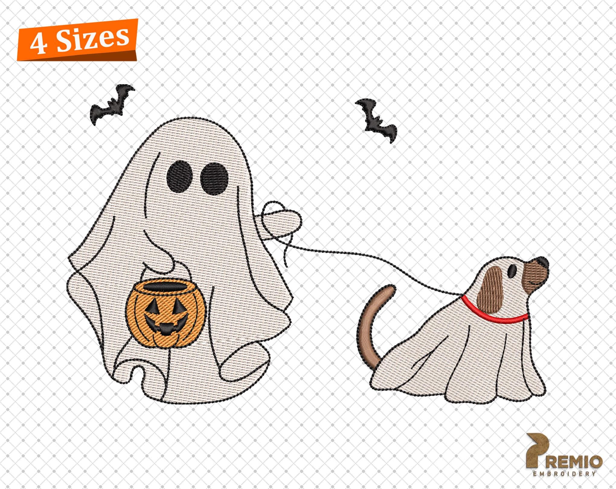 Ghost Walking Dog Embroidery Design, Halloween Embroidery Design, Dog with Spooky Embroidery Design, Halloween Ghost Dog Embroidery Designs