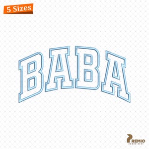 May include: Blue and white embroidered design of the word "BABA" in a varsity style font.