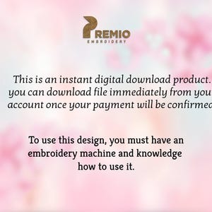 Puede incluir: Un producto de descarga digital con el logotipo "PREMIO EMBROIDERY" sobre un fondo rosa. El texto indica que el producto es una descarga instant&aacute;nea disponible despu&eacute;s de la confirmaci&oacute;n del pago. Requiere una m&aacute;quina de bordar y conocimientos.