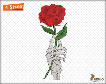 Skeleton Hand Roses Embroidery Design, Skeleton Holding Flowers Embroidery Patterns, Evil Kill Skeleton Love Embroidery Designs