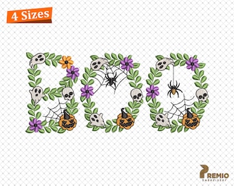 Floral BOO Embroidery Design, BOO embroidery, Boo Halloween Embroidery Design, BOO Bat Skull Pumpkin Spider Web Machine Embroidery Files