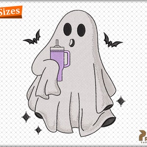 Boojee Ghost with Cup Embroidery Designs, Halloween Ghost Embroidery Files, Ghost Drinking Coffee, Ghost Stanley Tumbler Embroidery Designs