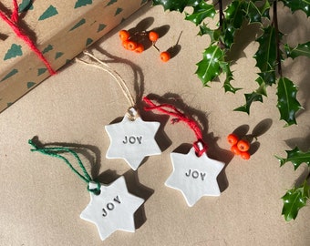 Set of 3 Hand Stamped JOY Clay Stars