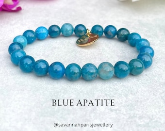 Blue Apatite Gemstone Bracelet, Crystal Healing, Gift for Her, Adjustable Stretch Bracelet, 8mm Beaded Gold Charm Bracelet, Savannahparis