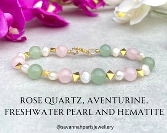 Bracelet en quartz rose, aventurine, perles d'eau douce et hématite, bracelet en perles de cristal pour femme 8 mm, cadeau pour elle, Savannahparis