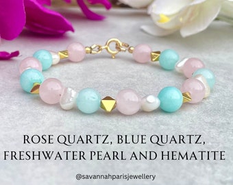 Rose Quartz, Blue Quartz, Freshwater Pearl and Gold Hematite Gemstone Beaded Bracelet, 8mm Crystal Bracelet, Gift for Her, Savannahparis