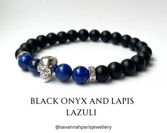 Black Onyx and Lapis Lazuli Gemstone Bracelet, Silver Plated Skull Crystal Beaded 8mm Stretch Bracelet, Gift for Him, Savannahparis