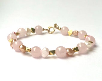 Rose Quartz, Freshwater Pearl and Hematite Gemstone Bracelet, 8mm Crystal Healing Bracelet, Gift for Her, Savannahparis