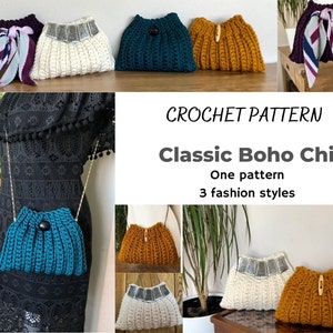 Peut inclure: Modèle de crochet pour un sac bohème chic classique. Le modèle comprend trois styles différents : un sac blanc avec un fermoir argenté, un sac turquoise avec un bouton noir et un sac jaune moutarde avec un bouton en bois.  CROCHET PATTERN Classic Boho Chic One pattern 3 fashion styles
